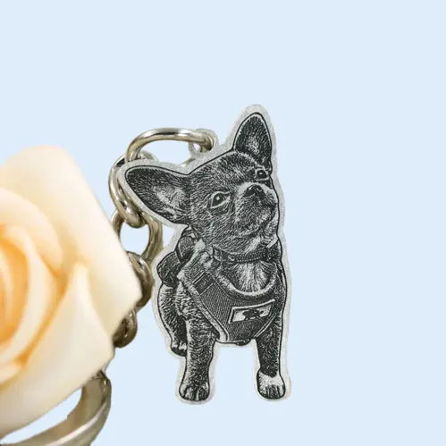 Custom Silver Pet Memorial Keychain - Personalized Engraved Dog Portrait Keyring | Gift for Pet Lovers