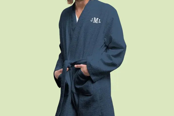 Custom Embroidered Men's Waffle Robe - Personalized Navy Blue Bathrobe | Groomsmen & Best Man Gift
