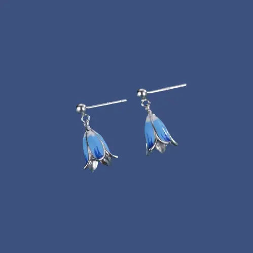 Delicate Bluebell Flower Earrings - Sterling Silver & Enamel Dangle Studs | Spring Floral Jewelry Gift