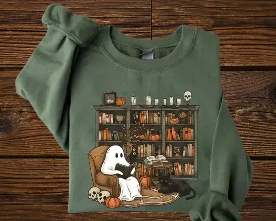 Vintage Ghost Reading Books Sweatshirt - Cute Librarian Halloween Shirt | Teacher Appreciation Gift