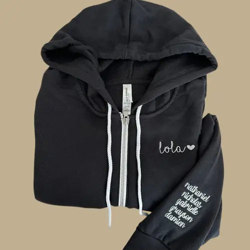 Custom Embroidered Zip-Up Hoodie - Personalized Family Names on Sleeve | Gift for Mom & Grandma