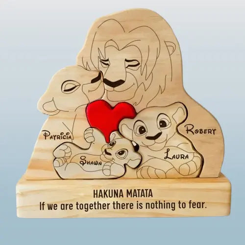 Custom Wooden Lion Family Jigsaw Puzzle - Engravable Animal Portrait Gift with Name