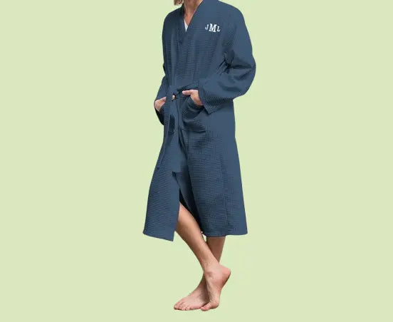 Custom Embroidered Men's Waffle Robe - Personalized Navy Blue Bathrobe | Groomsmen & Best Man Gift