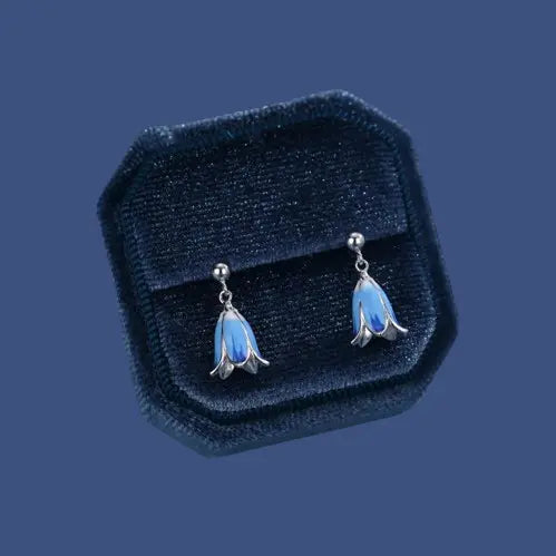 Delicate Bluebell Flower Earrings - Sterling Silver & Enamel Dangle Studs | Spring Floral Jewelry Gift