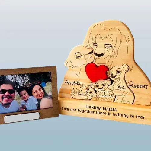 Custom Wooden Lion Family Jigsaw Puzzle - Engravable Animal Portrait Gift with Name