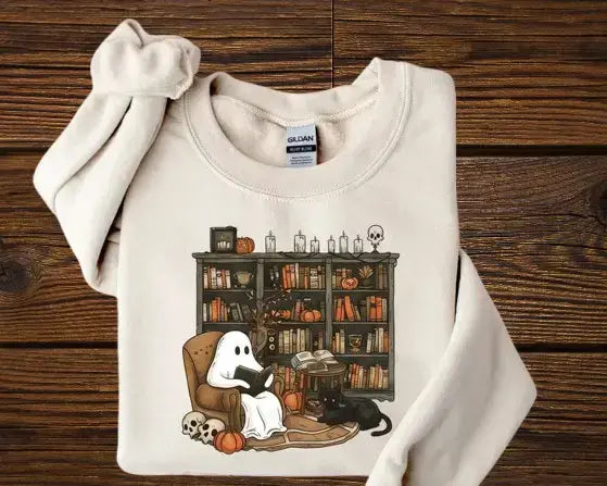 Vintage Ghost Reading Books Sweatshirt - Cute Librarian Halloween Shirt | Teacher Appreciation Gift