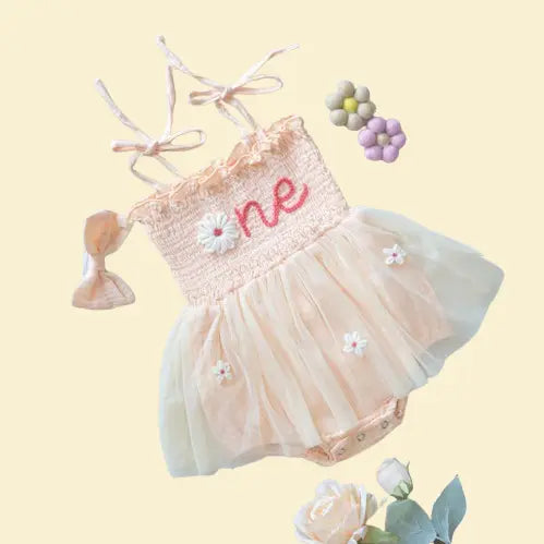 Custom Embroidered Daisy Romper - Personalized 1st Birthday Outfit for Baby Girls | Handmade Keepsake Gift