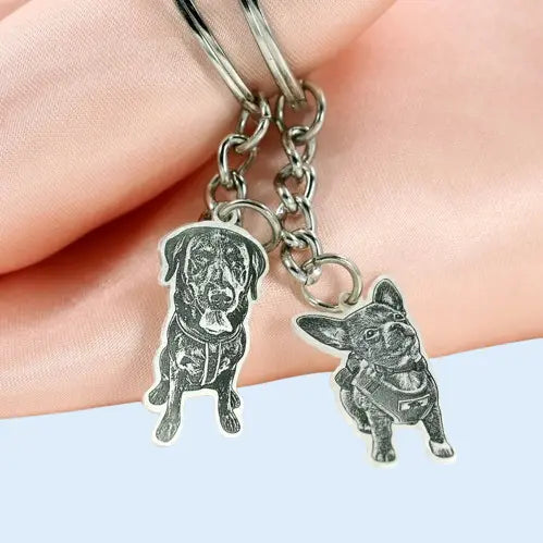 Custom Silver Pet Memorial Keychain - Personalized Engraved Dog Portrait Keyring | Gift for Pet Lovers