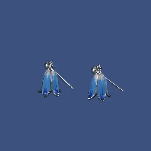Delicate Bluebell Flower Earrings - Sterling Silver & Enamel Dangle Studs | Spring Floral Jewelry Gift
