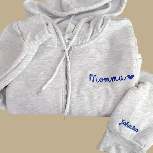 Custom Embroidered Zip-Up Hoodie - Personalized Family Names on Sleeve | Gift for Mom & Grandma