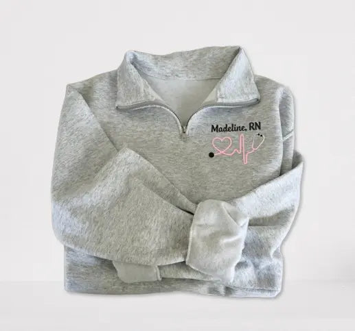 Custom Embroidered Nurse Sweatshirt - Heartbeat Pattern Quarter Zip Jacket for Graduation