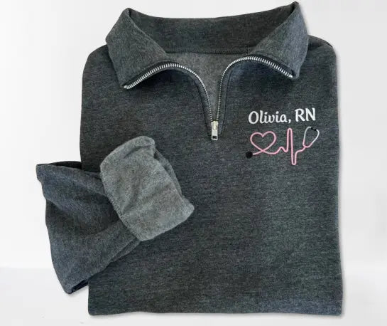 Custom Embroidered Nurse Sweatshirt - Heartbeat Pattern Quarter Zip Jacket for Graduation