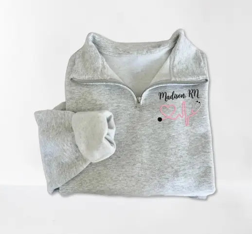 Custom Embroidered Nurse Sweatshirt - Heartbeat Pattern Quarter Zip Jacket for Graduation