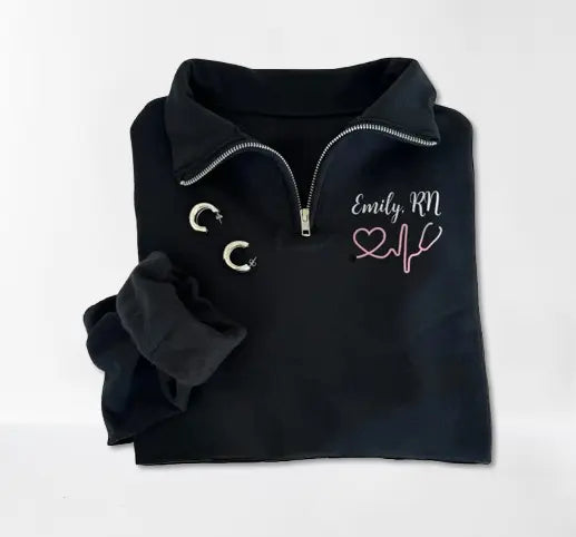Custom Embroidered Nurse Sweatshirt - Heartbeat Pattern Quarter Zip Jacket for Graduation