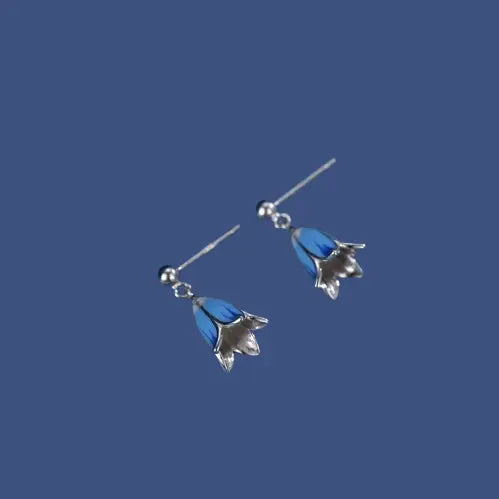 Delicate Bluebell Flower Earrings - Sterling Silver & Enamel Dangle Studs | Spring Floral Jewelry Gift