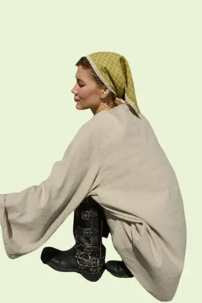 Bohemian Linen Bandana Scarf - Handmade with Cotton Trim, Versatile Headband & Hair Accessory for Women, Natural Fiber Fashion