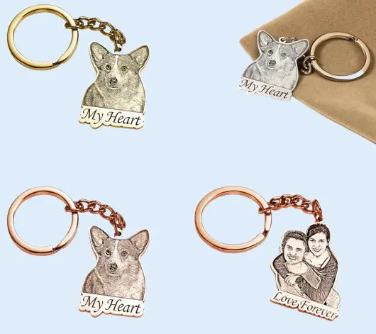 Custom Silver Pet Memorial Keychain - Personalized Engraved Dog Portrait Keyring | Gift for Pet Lovers