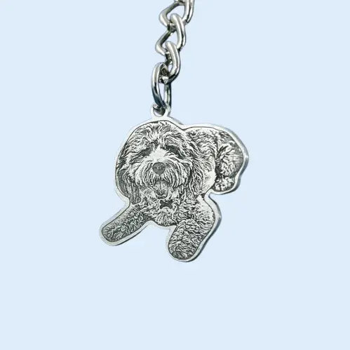 Custom Silver Pet Memorial Keychain - Personalized Engraved Dog Portrait Keyring | Gift for Pet Lovers