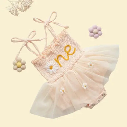Custom Embroidered Daisy Romper - Personalized 1st Birthday Outfit for Baby Girls | Handmade Keepsake Gift
