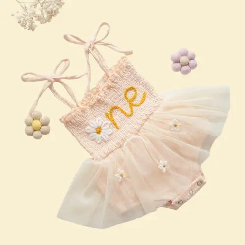 Custom Embroidered Daisy Romper - Personalized 1st Birthday Outfit for Baby Girls | Handmade Keepsake Gift