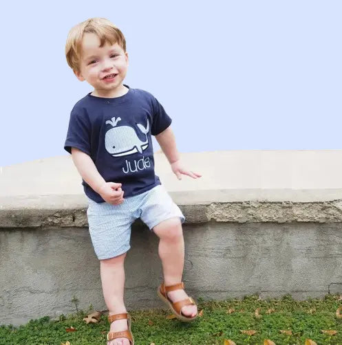 Personalized Nautical Whale T-Shirt & Seersucker Shorts Set for Toddler Boys | 1st Birthday Outfit Gift (Navy Blue)