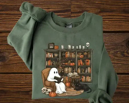 Vintage Ghost Reading Books Sweatshirt - Cute Librarian Halloween Shirt | Teacher Appreciation Gift