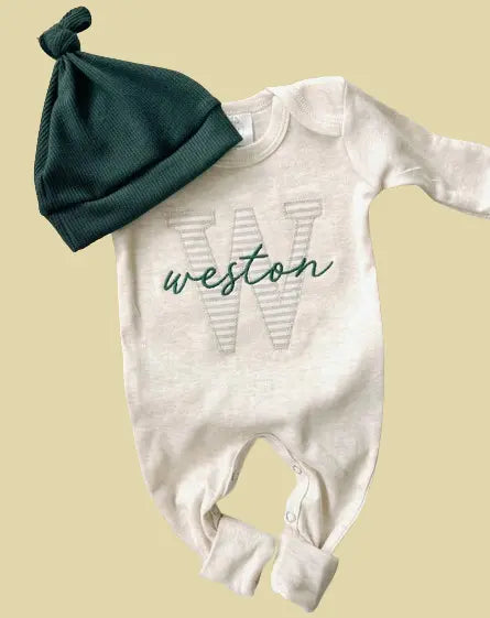 Custom Neutral Baby Romper Set - Organic Cotton Coming Home Outfit with Fold-Over Footies & Hat | Baby Shower & Christmas Gift