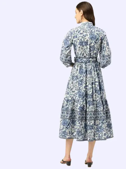 Bohemian Hand Printed Midi Dress - 100% Cotton Floral Summer Dress with Pockets and Belt | Mother's Day Gift