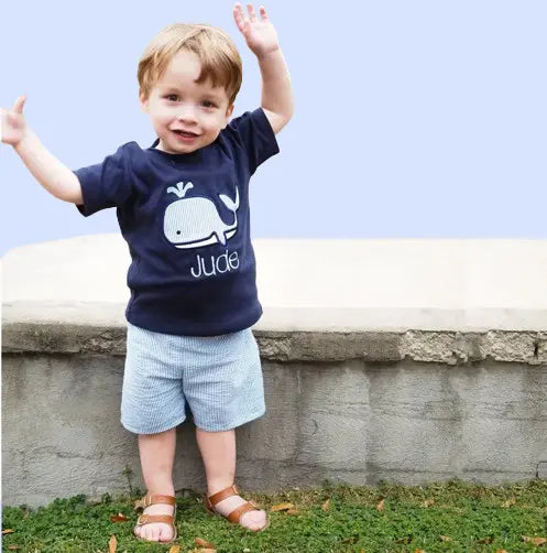 Personalized Nautical Whale T-Shirt & Seersucker Shorts Set for Toddler Boys | 1st Birthday Outfit Gift (Navy Blue)