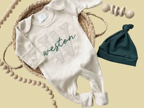 Custom Neutral Baby Romper Set - Organic Cotton Coming Home Outfit with Fold-Over Footies & Hat | Baby Shower & Christmas Gift