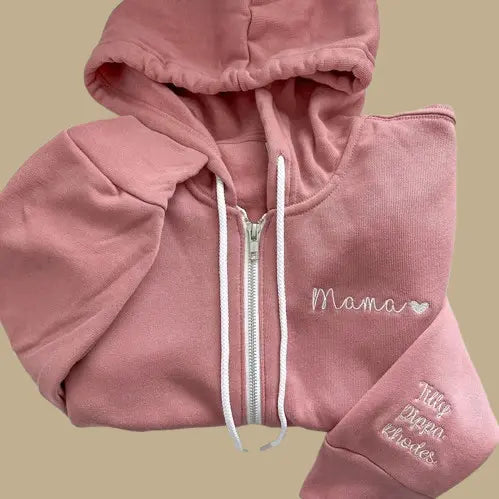 Custom Embroidered Zip-Up Hoodie - Personalized Family Names on Sleeve | Gift for Mom & Grandma