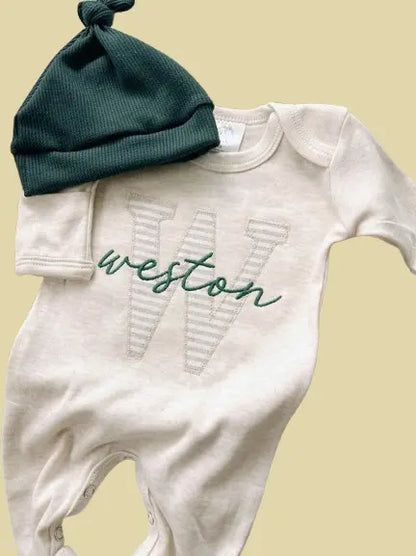 Custom Neutral Baby Romper Set - Organic Cotton Coming Home Outfit with Fold-Over Footies & Hat | Baby Shower & Christmas Gift