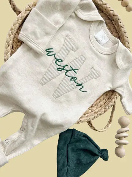 Custom Neutral Baby Romper Set - Organic Cotton Coming Home Outfit with Fold-Over Footies & Hat | Baby Shower & Christmas Gift