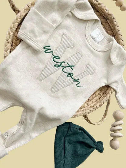 Custom Neutral Baby Romper Set - Organic Cotton Coming Home Outfit with Fold-Over Footies & Hat | Baby Shower & Christmas Gift