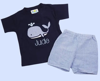 Personalized Nautical Whale T-Shirt & Seersucker Shorts Set for Toddler Boys | 1st Birthday Outfit Gift (Navy Blue)