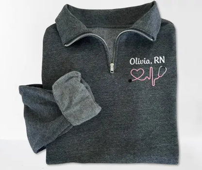 Custom Embroidered Nurse Sweatshirt - Heartbeat Pattern Quarter Zip Jacket for Graduation