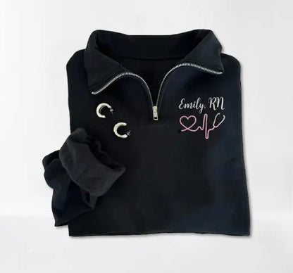 Custom Embroidered Nurse Sweatshirt - Heartbeat Pattern Quarter Zip Jacket for Graduation