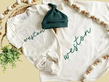 Custom Neutral Baby Romper Set - Organic Cotton Coming Home Outfit with Fold-Over Footies & Hat | Baby Shower & Christmas Gift