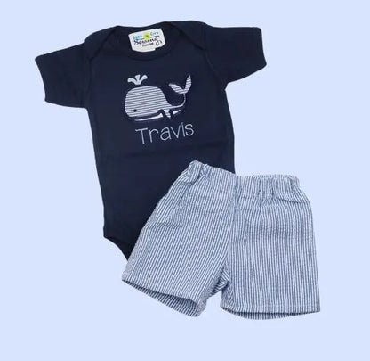 Personalized Nautical Whale T-Shirt & Seersucker Shorts Set for Toddler Boys | 1st Birthday Outfit Gift (Navy Blue)