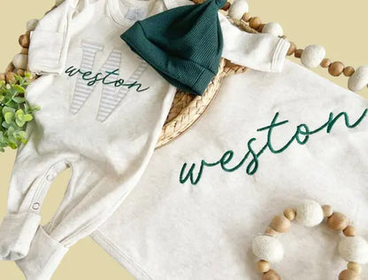 Custom Neutral Baby Romper Set - Organic Cotton Coming Home Outfit with Fold-Over Footies & Hat | Baby Shower & Christmas Gift
