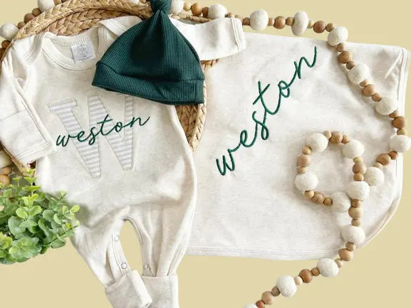 Custom Neutral Baby Romper Set - Organic Cotton Coming Home Outfit with Fold-Over Footies & Hat | Baby Shower & Christmas Gift